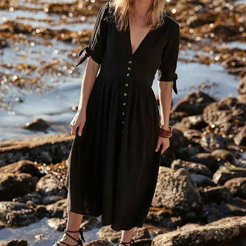 Casual Women Summer Beach Boho Dress Sexy Deep V-Neck Solid Half Sleeve Dress Elegant Lady Button Wrap Midi Party Dress Vestidos