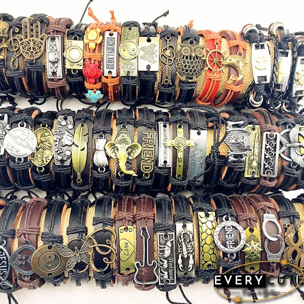 Wholesale 50pcs/Lot Leather Metal Charm Bracelets For Men Vintage Cuff Bracelets For Women Gifts Jewelry Mix Style