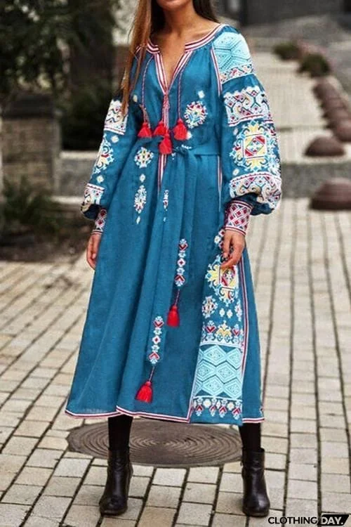 Boho Print Tassels Puff Sleeve Maxi Dress