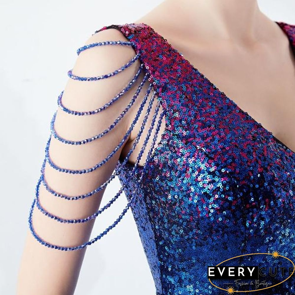 6 Colors Sexy Sequined Evening Party Gowns Women's Deep V Neck Floor-length Cocktail Dress Slim Mermaid Prom Dresses