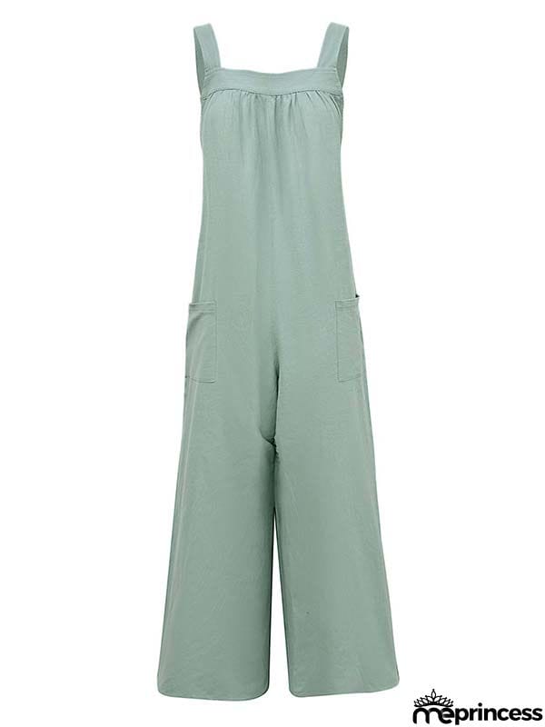 Casual Loose Sleeveless Solid Color Square-Neck Overalls