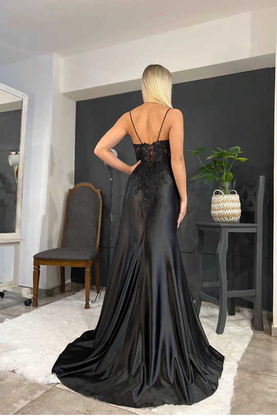 Lisliy Black Lace Printed Prom Dress Long with High Slit 