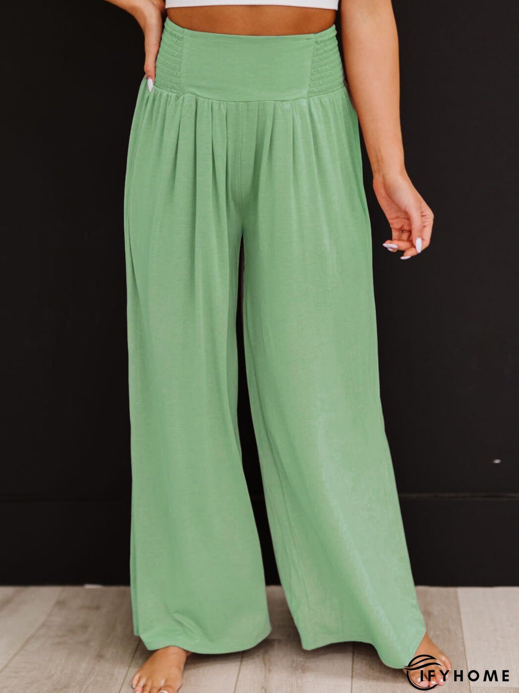 Women's Pants Casual Solid Elastic High Waist Wide Leg Pants | IFYHOME