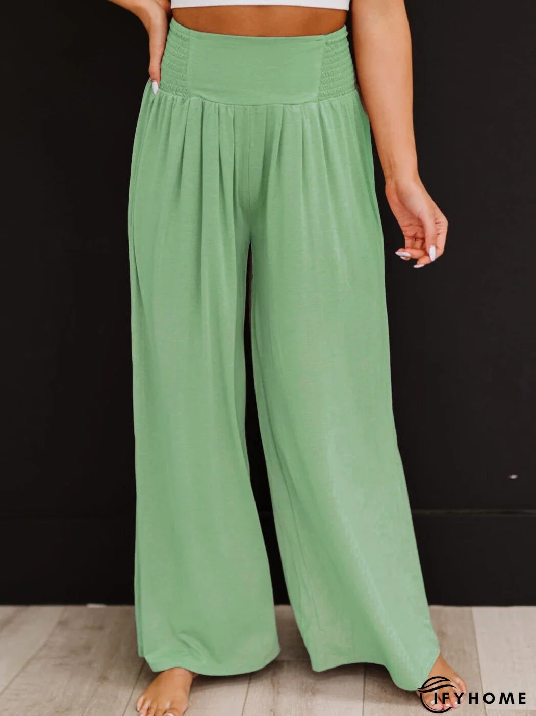 Women's Pants Casual Solid Elastic High Waist Wide Leg Pants | IFYHOME