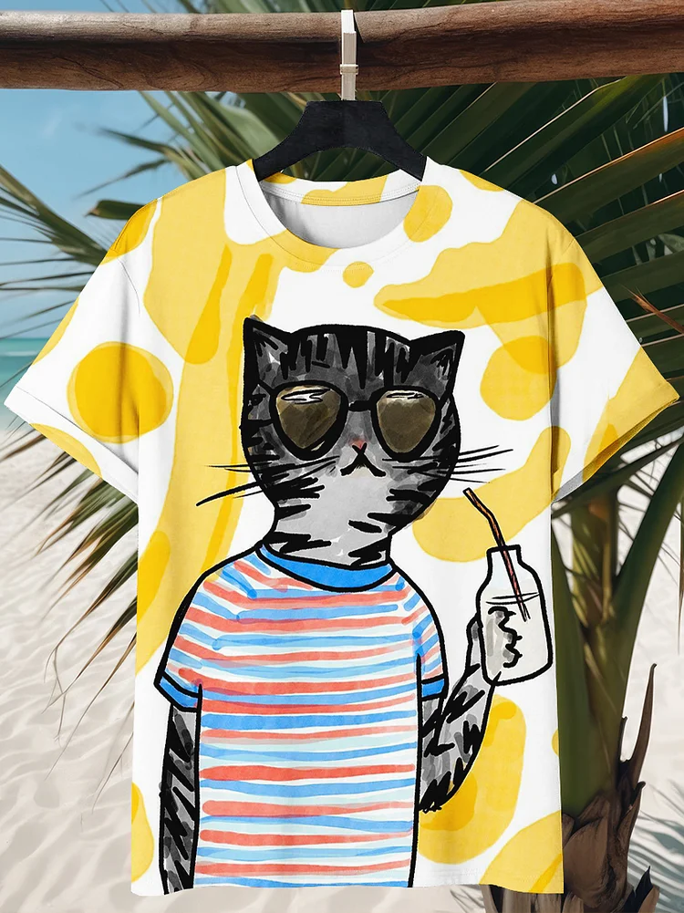 Men's Cat Hawaii Vacation Painting Art Print T-Shirt