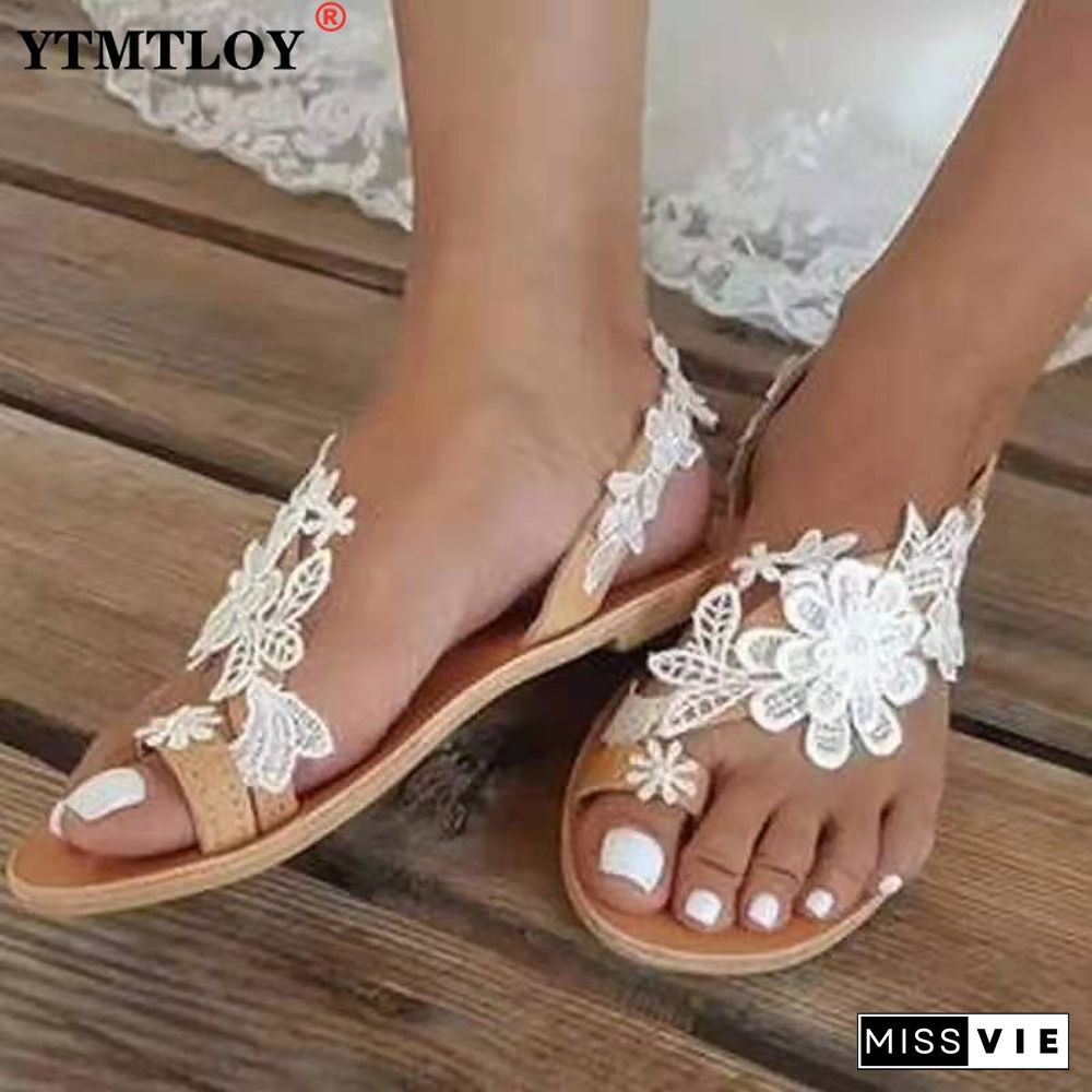 New Summer Women Flat Beach Sandals Gladiator White Lace Ladies Wedding Shoes Open Toe Roman Flip Flop Sandalias Mujer