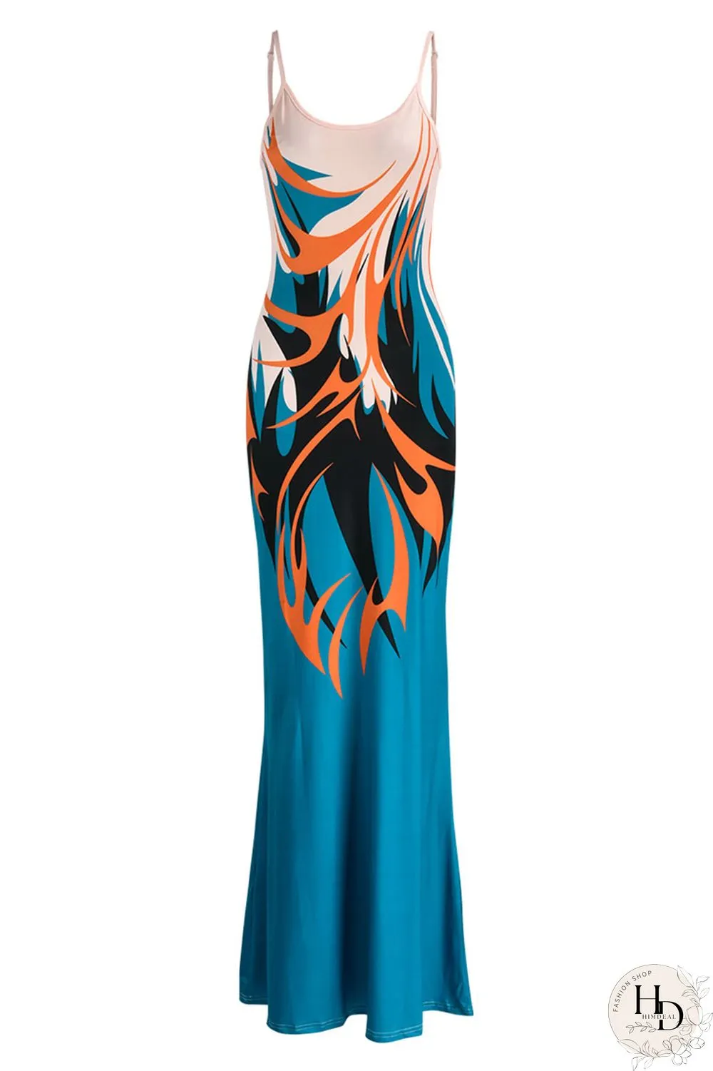 Ginger Fashion Sexy Print Backless Spaghetti Strap Long Dress