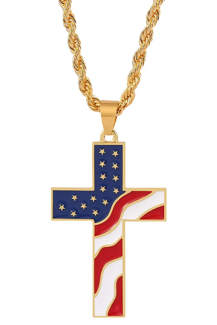 Independence Day American Flag Dripping Oil Cross Pendant Necklaces 2024 - Xpluswear