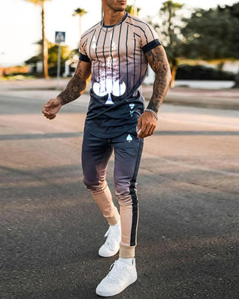 Men's Spades Printed T-shirt Casual Suit Stripes