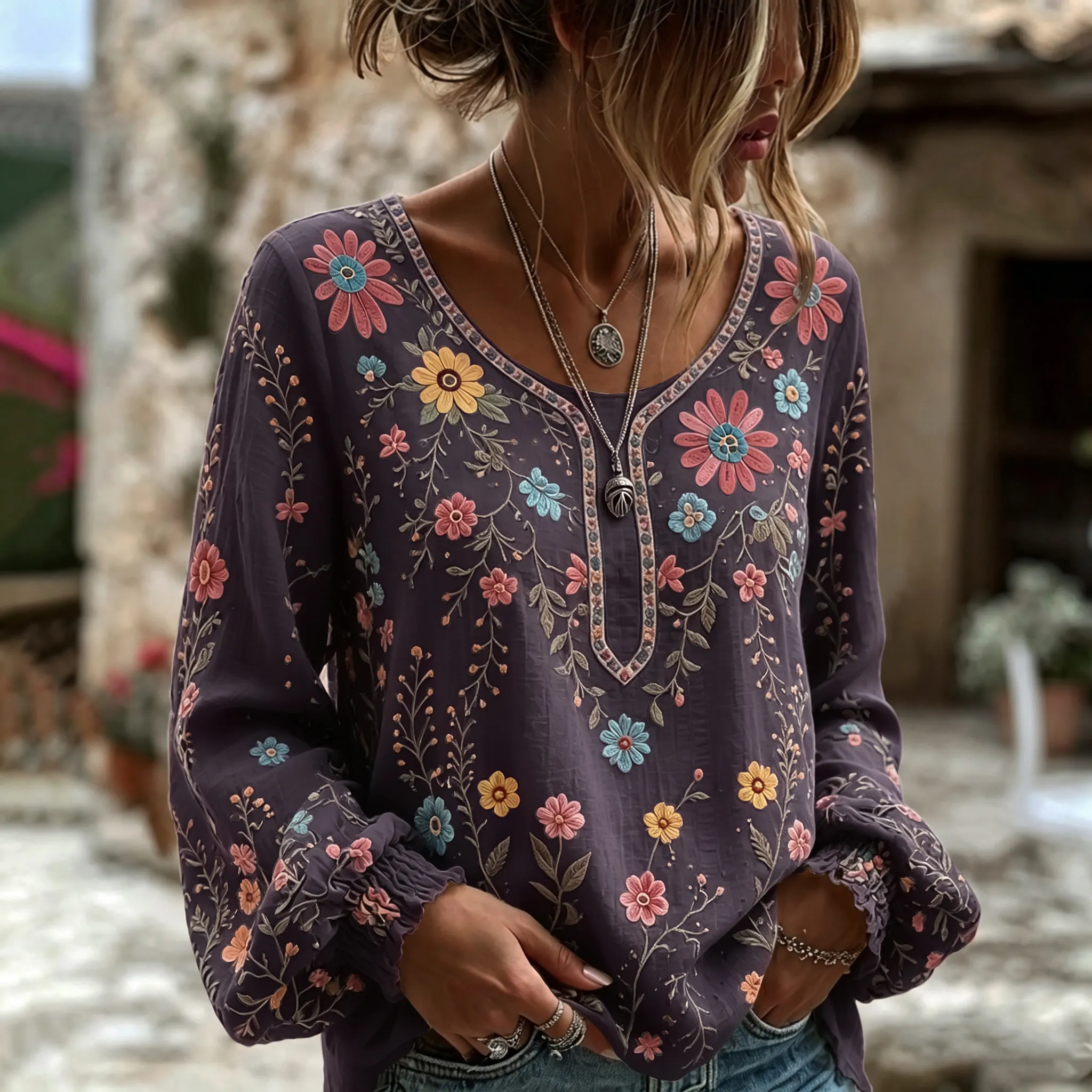 Women's Vintage Floral Art Print Flowy Linen Blend Linen Blend Long Sleeve Casual Tops elevenforest