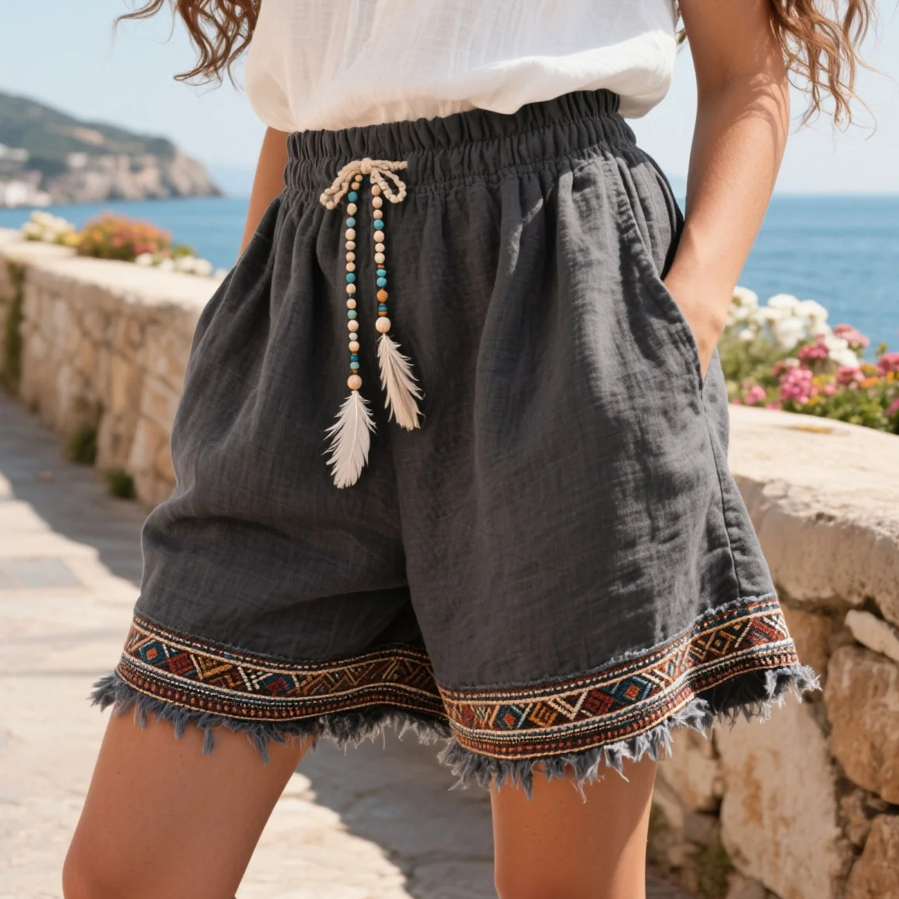 Women's Casual Elegant Ethnic Style Pattern Stitching Linen Short Basic Style Daily Home Comfortable Cotton And Linen Sh