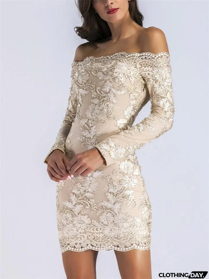 Gorgeous Off Shoulder Long Sleeve Floral Applique Thigh-Length Bodycon Party Dress