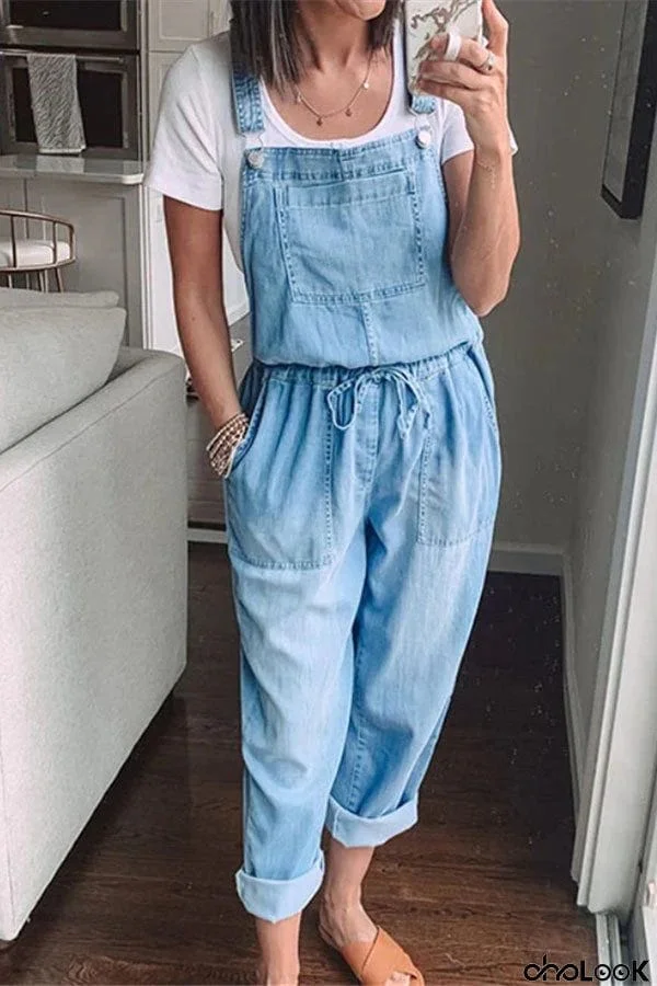Eleana Casual Drawstring Denim Overalls