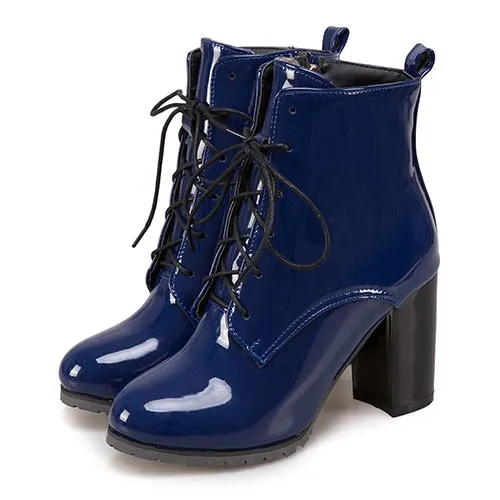 Gdgydh Big Size 48 Patent Leather Boots For Women Lace up High Heels Shoes Spring Autumn Black Footwear Female Ankle Boots Zip