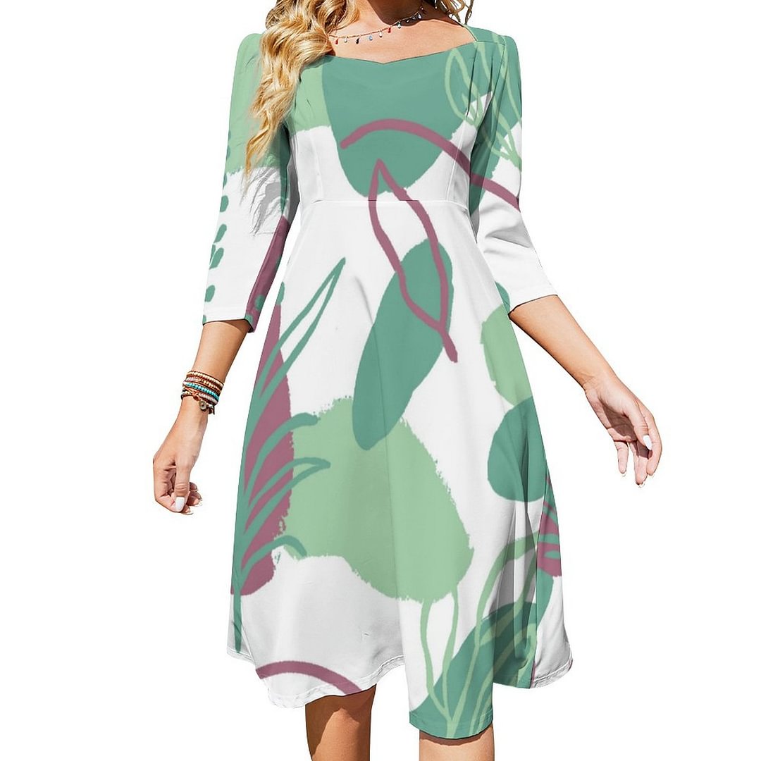 Artsy Flower Abstract Neo Mint Green With Cassis Dress Sweetheart Tie Back Flared 3/4 Sleeve Midi Dresses