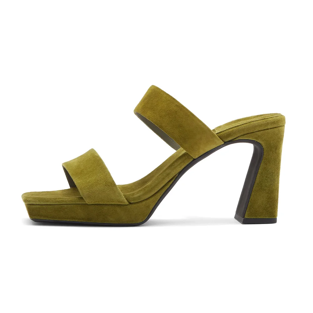 Olive Open Square Toe Chunky Heel Platform Two Strap Mules for Women 