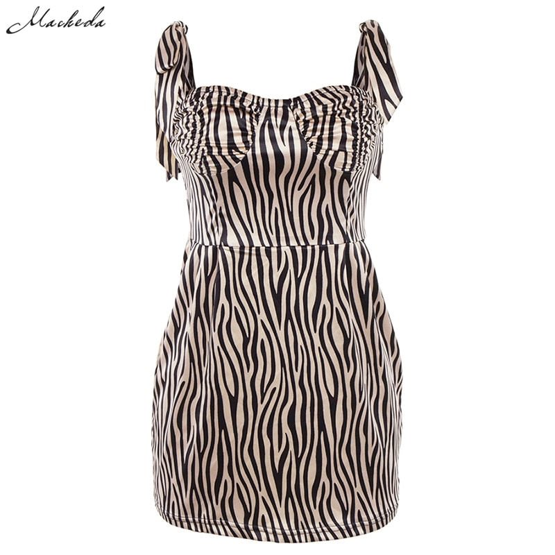 Macheda Women Fashion Slim Zebra Print Dress Sleeveless Adjustable Spaghetti Strap Bodycon Casual Vestidos Dresses New