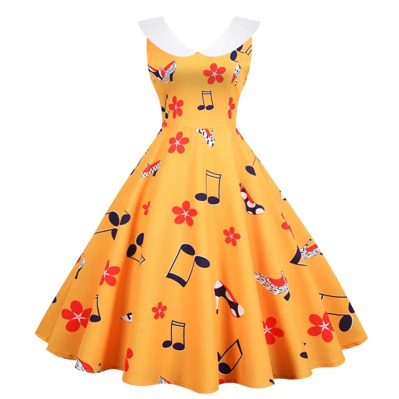 50s Dresses Sleevelss Floral Peter Pan Collar Plus Size Ballroom Midi Dresses