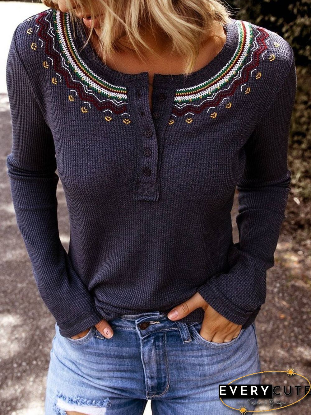 Navy Blue Crew Neck Casual Knitted Plus Size Sweater