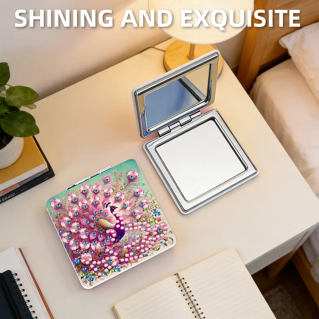 Pink Peacock DIY Special Shaped Diamond Painting Compact Mirror Kits Diamond Art Painting Pocket Mirror for Adults and Beginners