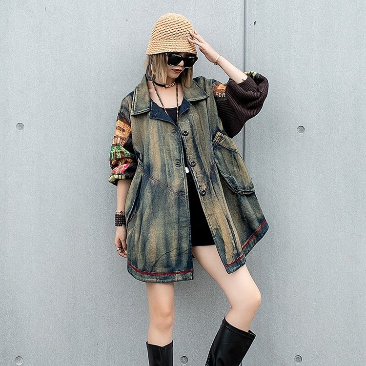 Street Loose Lapel Patchwork Contrast Color Knitted Long Sleeve Denim Jacket 