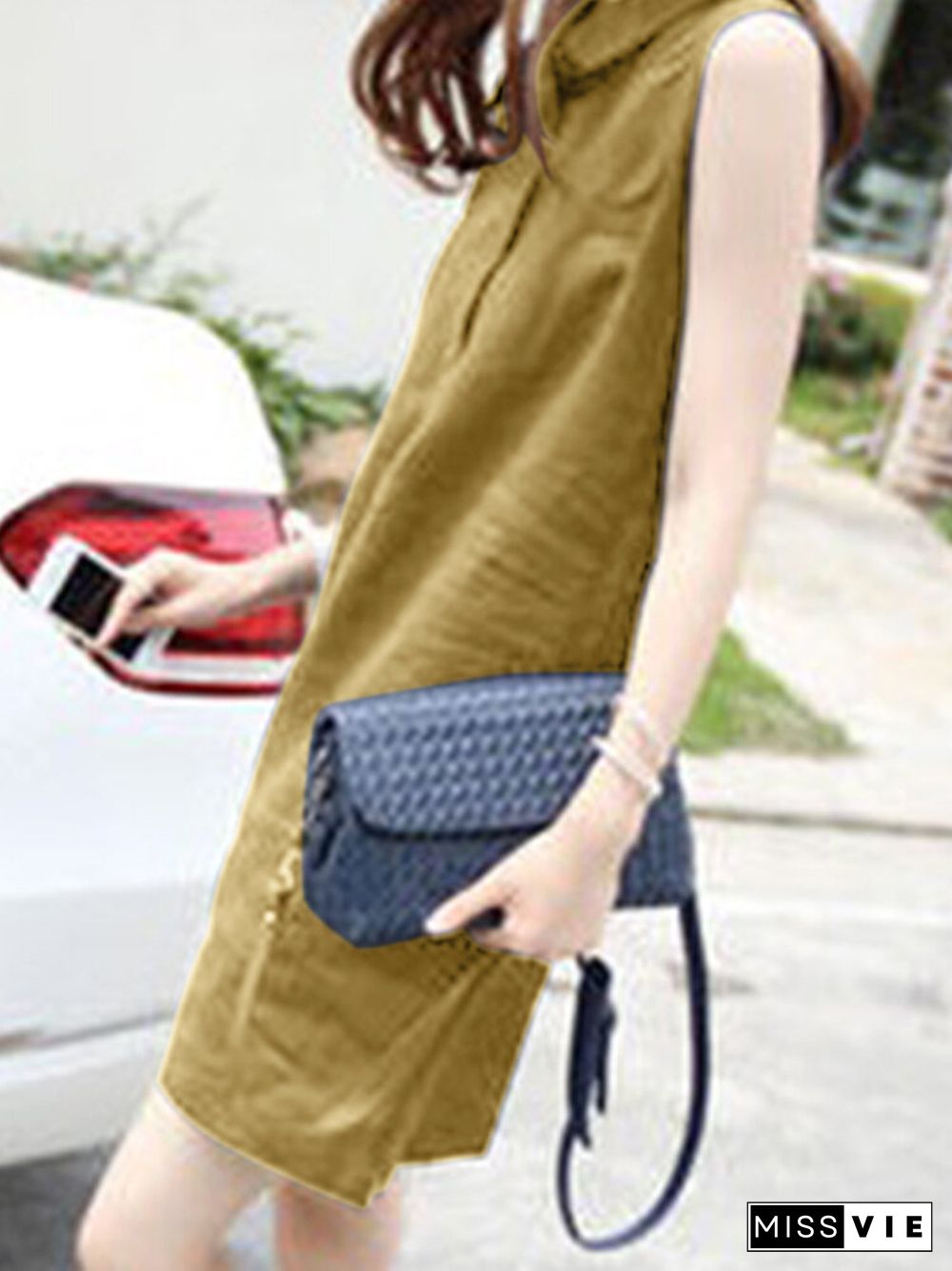 Solid Sleeveless Button Front Lapel Dress For Women