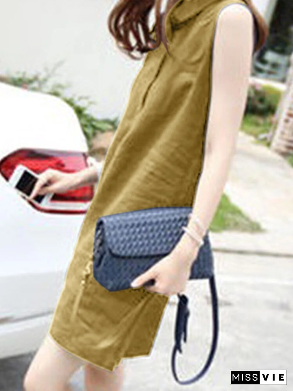 Solid Sleeveless Button Front Lapel Dress For Women
