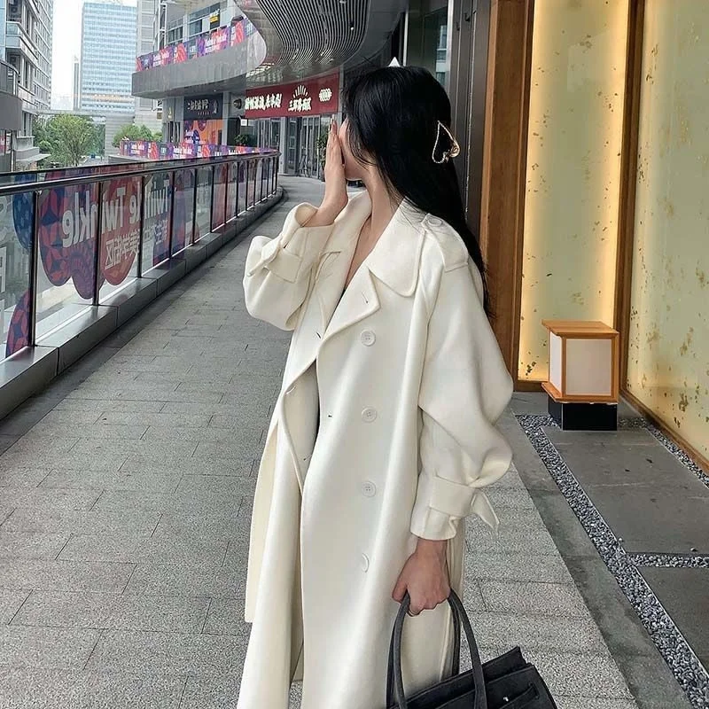 White Woolen Coat Women's Korean Version Loose 2021 New Mid Autumn Long Fashionable Tweed Thickened Coat