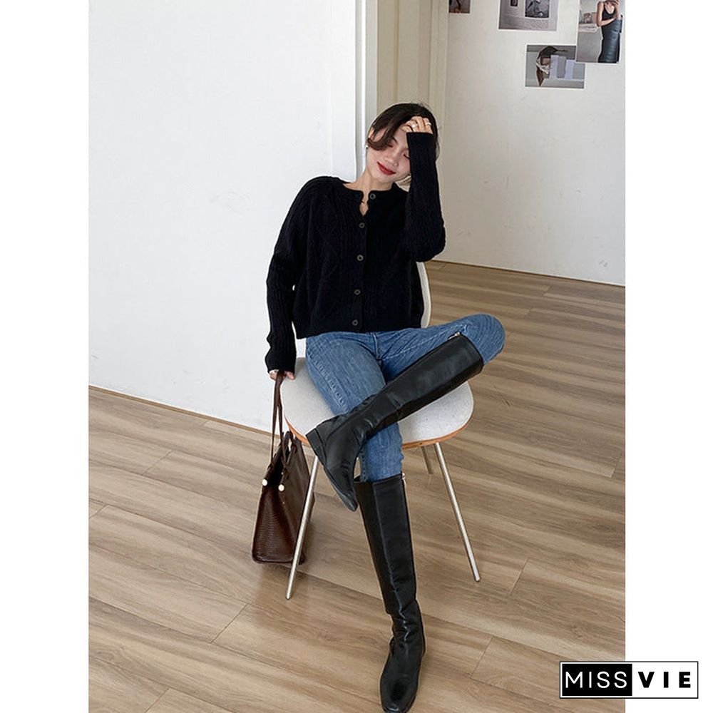 Casual Buttoned Solid Color Retro Cardigan