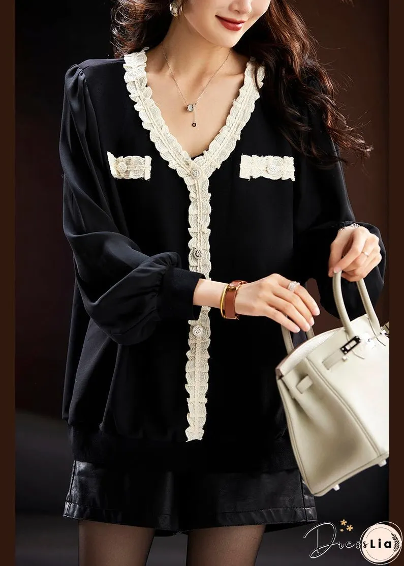 Italian Black V Neck Lace Patchwork Chiffon Tops Spring