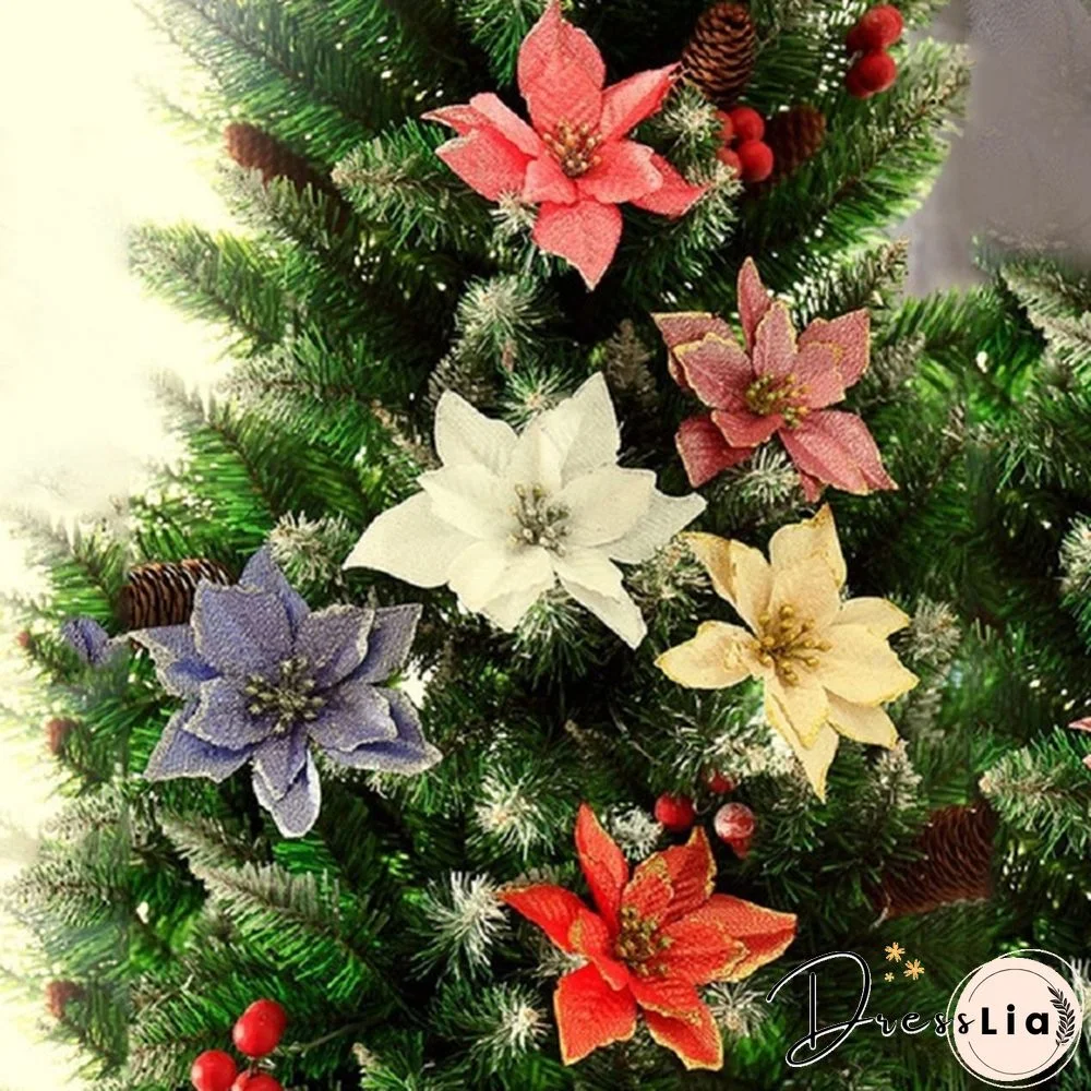 10Pcs Glitter Poinsettia Flower Christmas Decor Wreath Tree Decorations Xmas Gift Party Wedding Flower Scrapbook Garlands Rattan