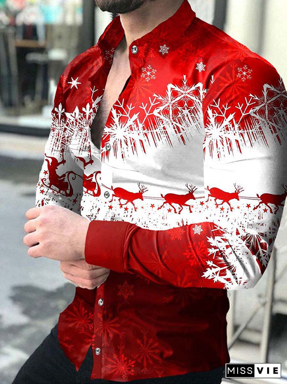 Men Long Sleeve V-neck Christmas Graphic Printed Buttons Shirts