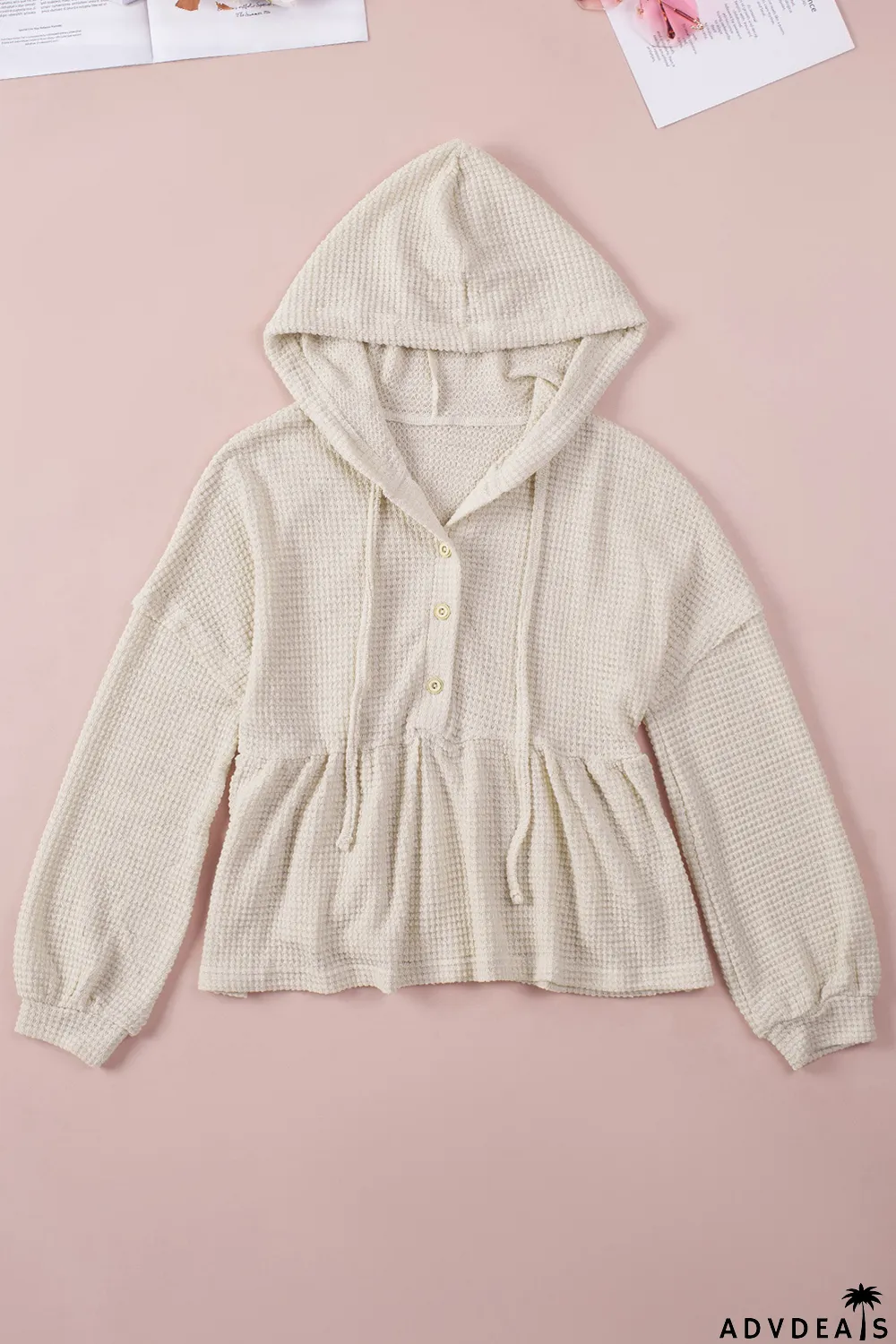 Apricot Waffle Knit Buttons Ruffled Hooded Top