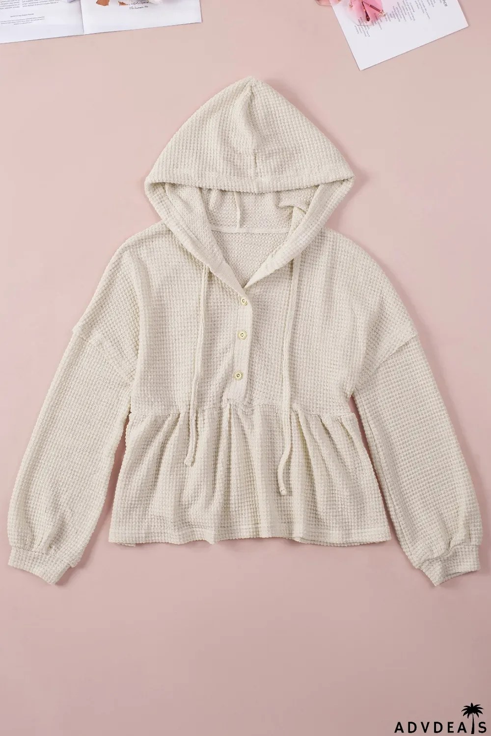 Apricot Waffle Knit Buttons Ruffled Hooded Top