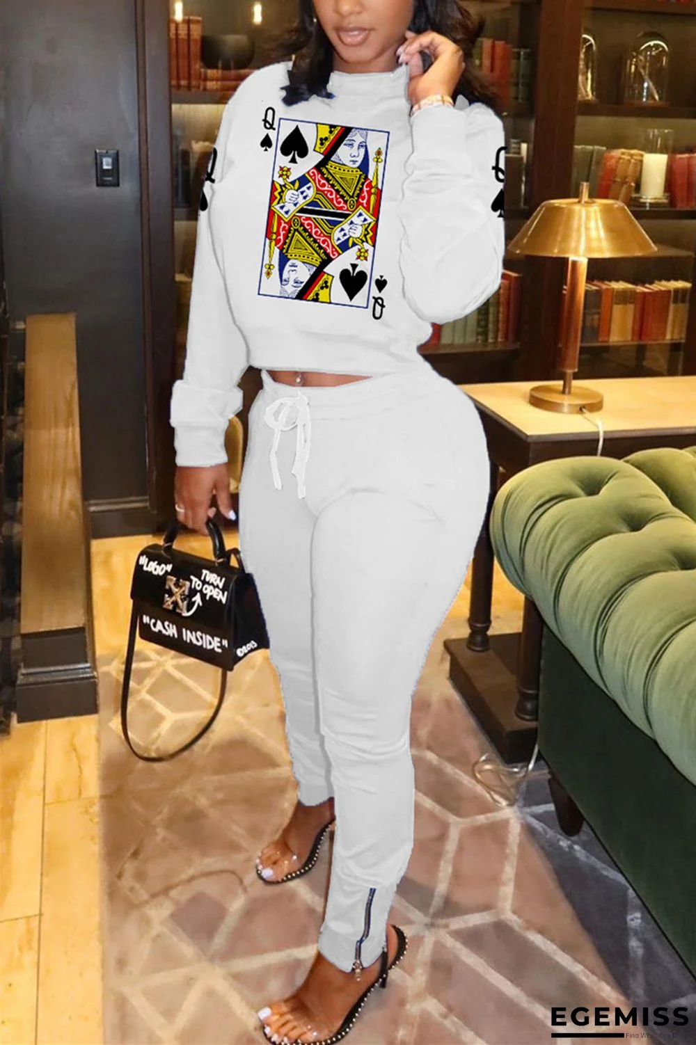 figure Casual Patchwork Print Zippered Two Piece Suits pencil Long Sleeve Two Pieces | EGEMISS