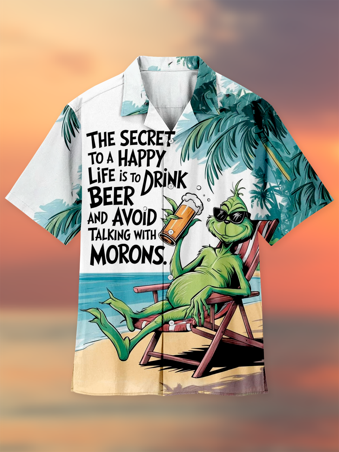 Men's Comfort Green Fur Monster Beer Hawaiian Cuban Collar Print Shirt PLUSCLOTHESMAN