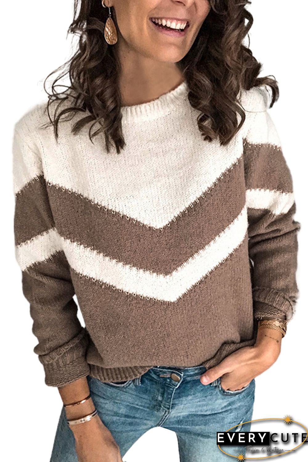 Khaki Chevron Colorblock Crew Neck Sweater