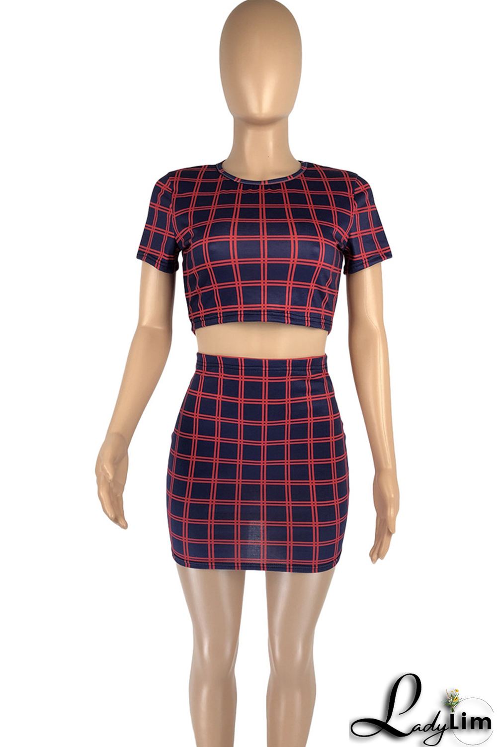 Navy Blue Fashion Plaid Split Joint O Neck Short Sleeve Two Pieces