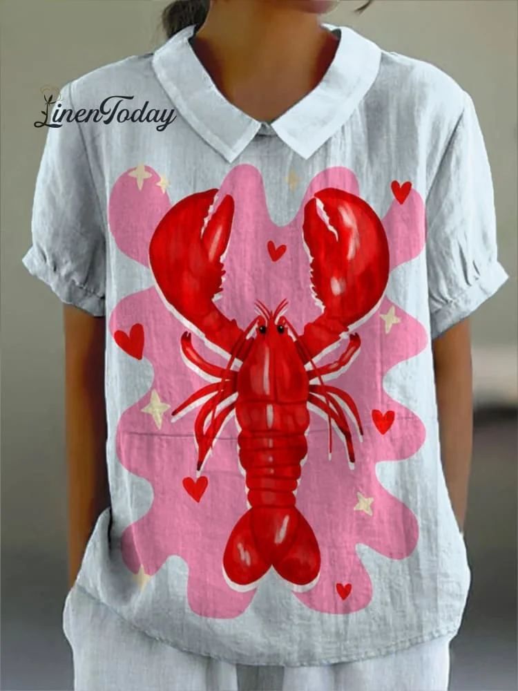 Women's Pink Heart Lobster Print Casual Cotton And Linen Shirt