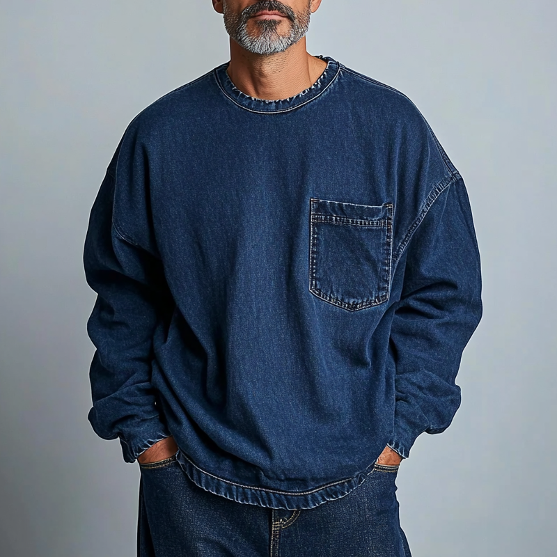 Men's Casual Crew Neck Denim Chest Pocket Sweatshirt