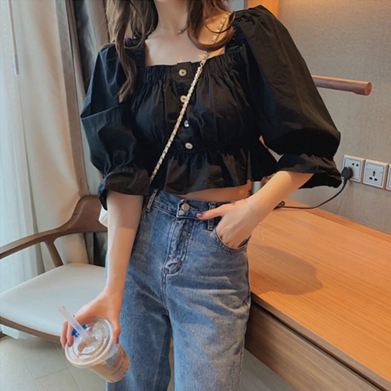 Shirts Women New Fashion Summer Blouses Ruffles Square Collar Corp Top Novelty Womens Pure Sweet Elegant Trendy Pleated Hot