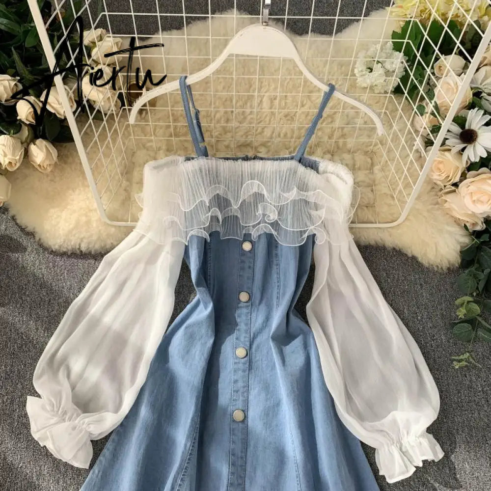 Aiertu Denim Dress Ruffle Jeans Dress Women Slip Off