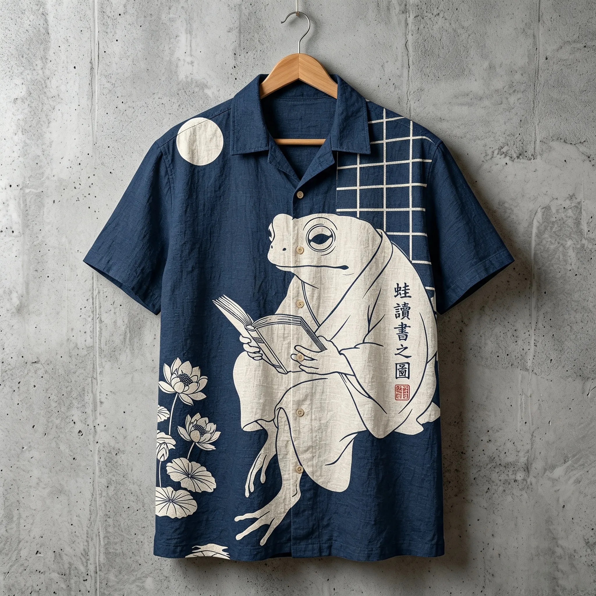 Men's Vintage Japanese Frog And Floral Art Print Short Sleeve Shirt  artssus