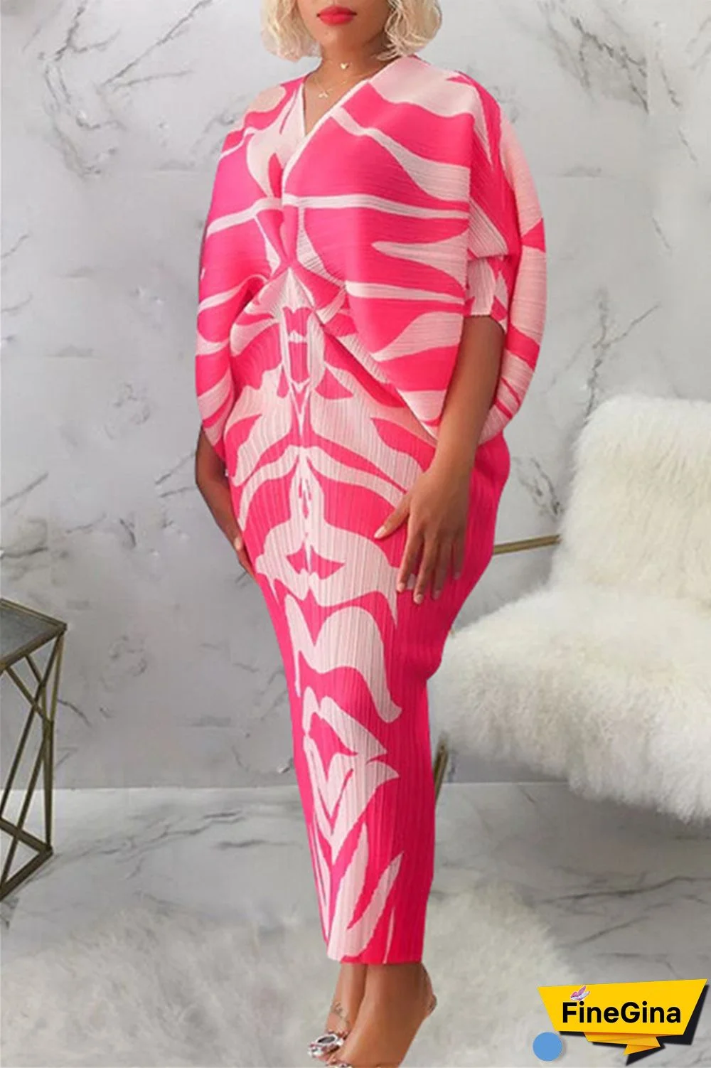 Pink Purple Casual Print Patchwork V Neck Pencil Skirt Plus Size Dresses