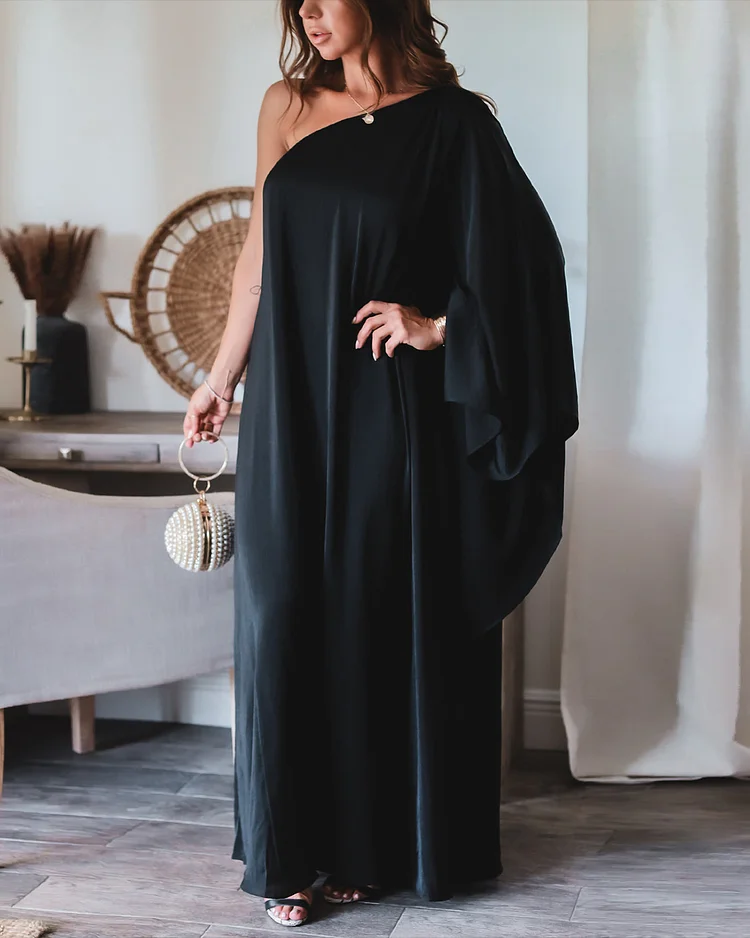 Women's One Shoulder Sleeve Solid Color Casual Dress
