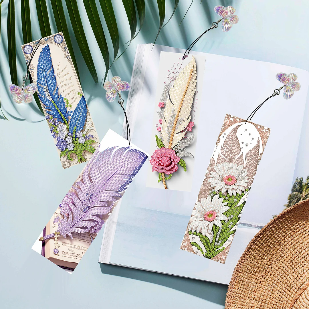 12Pcs Feathers Flowers DIY Diamond Art Painting Bookmark for Reading Enthusiasts