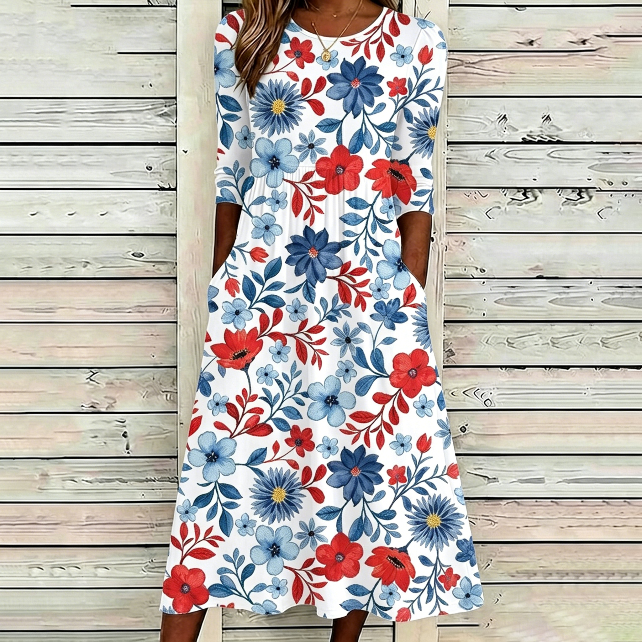 Comstylish Women's Vintage Independence Day Floral Print Casual Dress