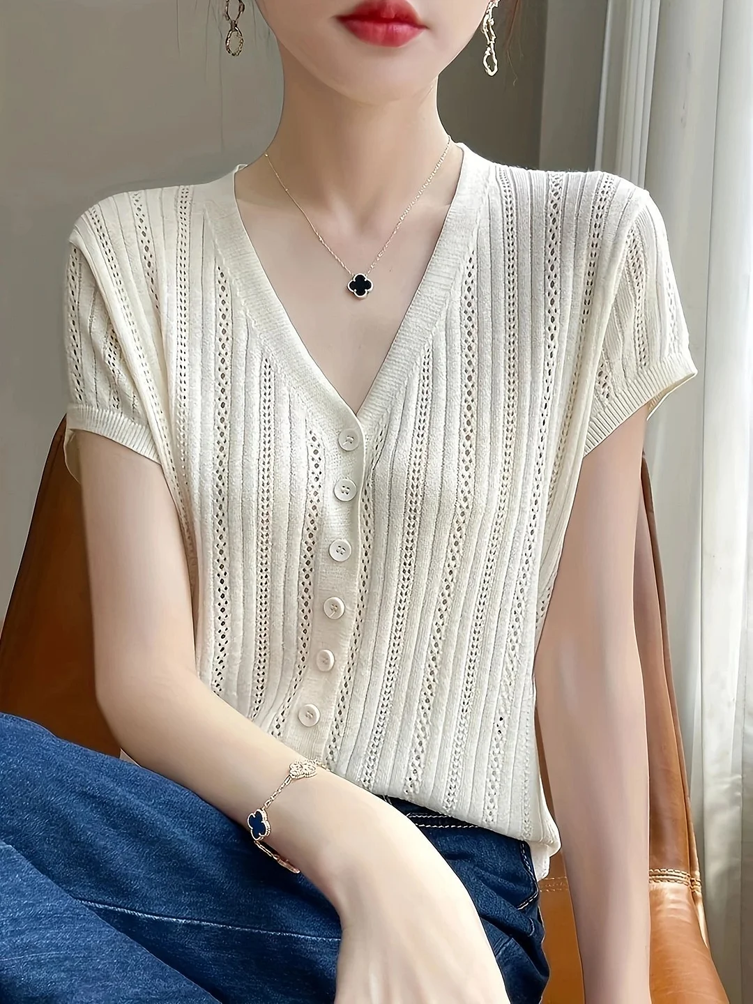 Nigikala Nigikala Spring And Summer New V-Neck Button Outside The Cardigan Lady Elegant Ocean Simple Thin Knit Short Sleeve