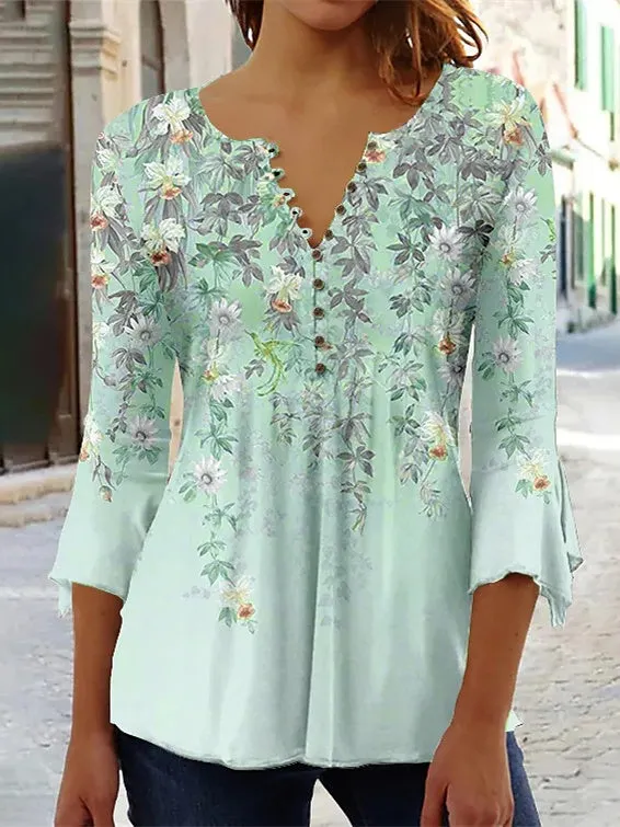 Women's Button Graphic Floral Printed V-Neck 3/4 Sleeve Top