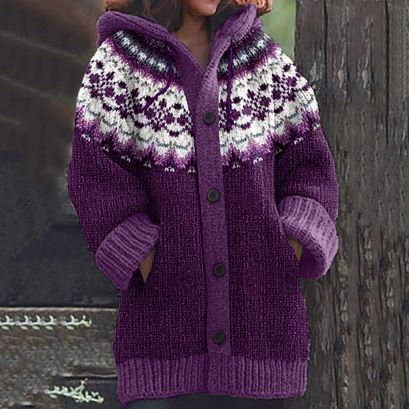 Vintage Purple Floral Icelandic Knit Pattern Cozy Cardigan Sweater elevenforest